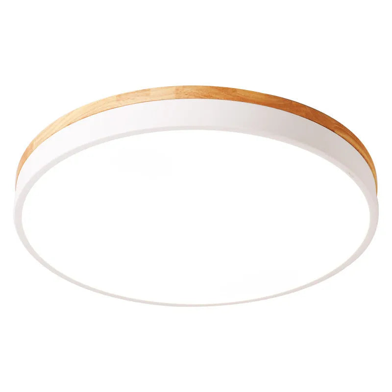 Round solid wood and acrylic LED ceiling lamp with Nordic design in white or grey.