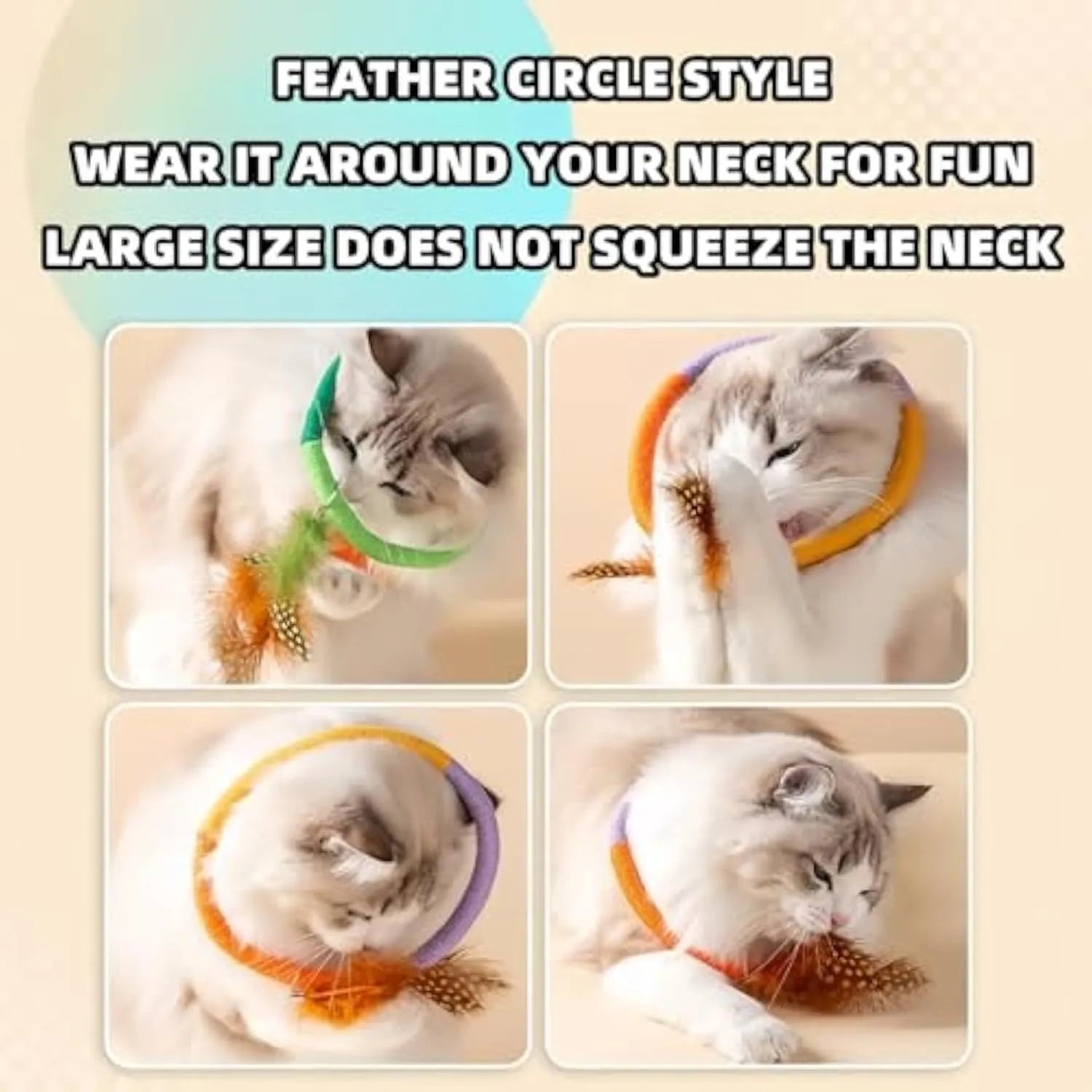 Green circular cotton rope cat toy with feathers and catnip for dental cleaning and interactive play