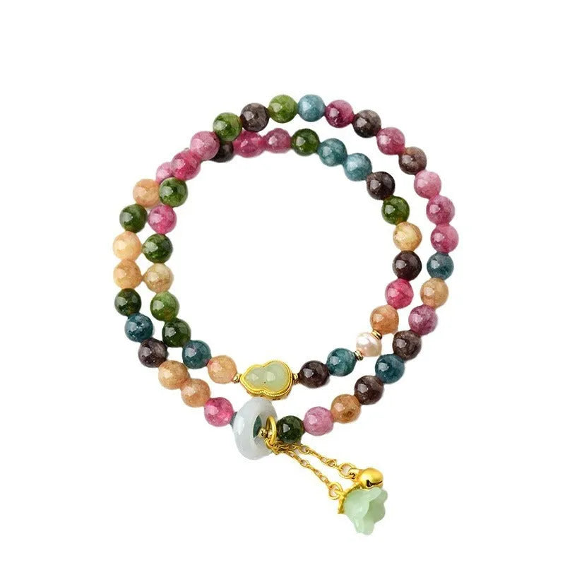 Women's double ring bracelet with geometric 6-6.5mm chalcedony beads in natural crystal tourmaline