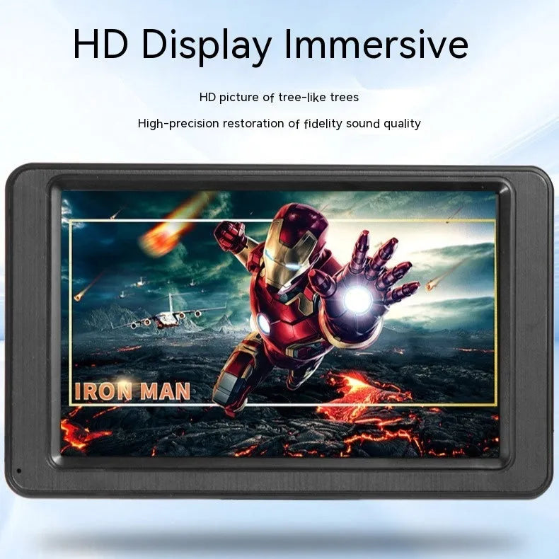 7-inch portable vehicle MP5 player with mounting bracket on black background