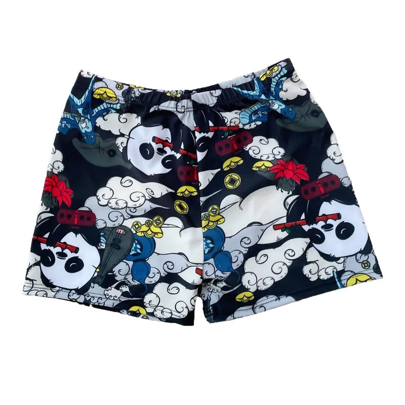 Men's loose fit anti-embarrassment swimming trunks in dark blue background big flower pattern, polyester fabric