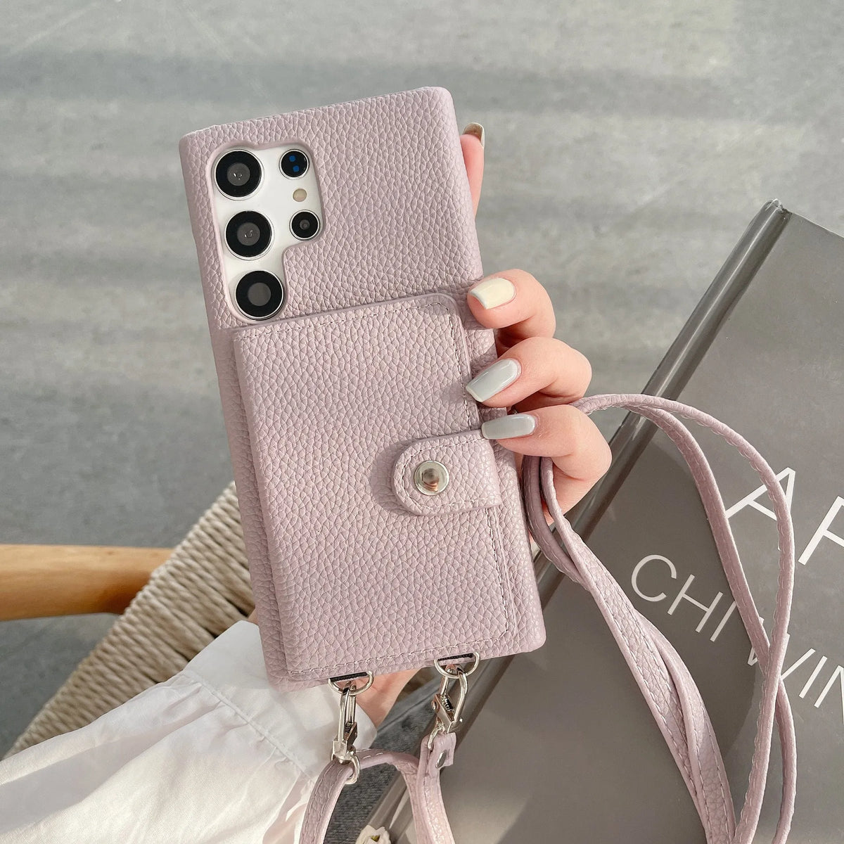S23 Ultra lychee pattern crossbody phone case with card slots in black, left and right open PC leather cover