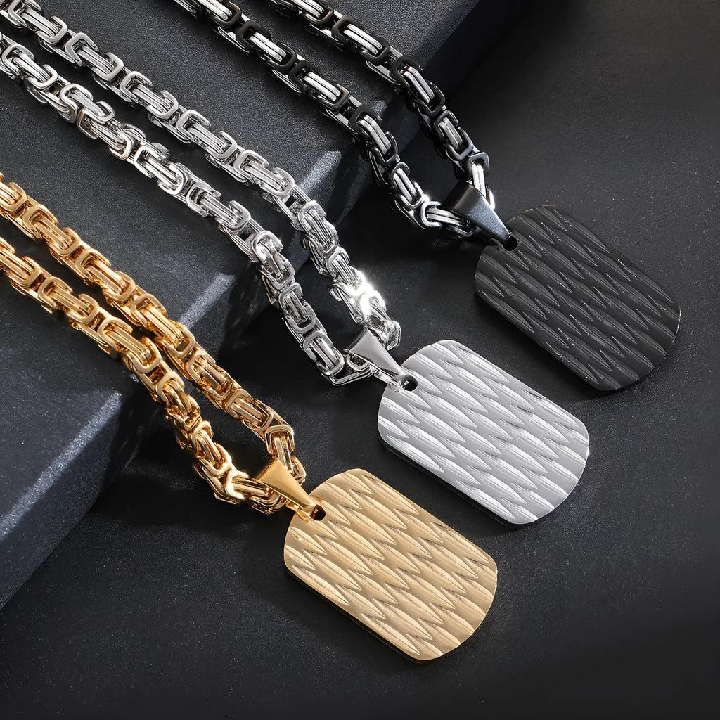 Titanium steel men's necklace with water ripple pendant on Emperor Chain in gold, silver, or black finish