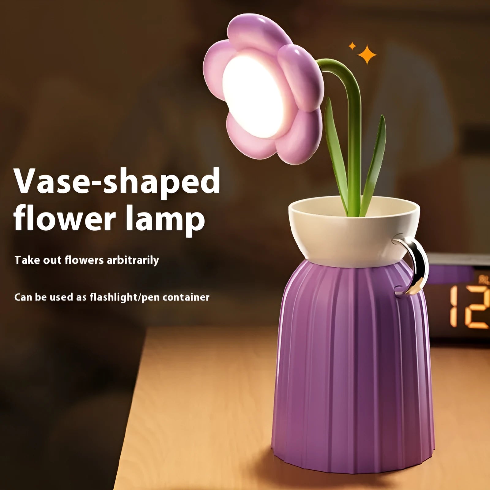 Pink rose flower USB LED lamp with vase, 30cm tall, emitting warm white light