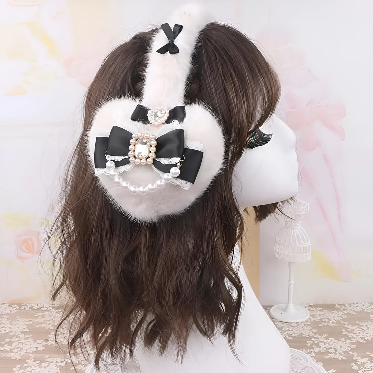 Plush heart bow tie earmuffs with 11x11cm big heart design in Black, Light meat powder, or Milky White