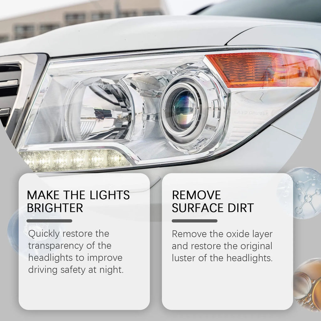 Car headlight polishing kit showing 100ml bottle and 20x20cm microfiber cloth for plastic lens restoration