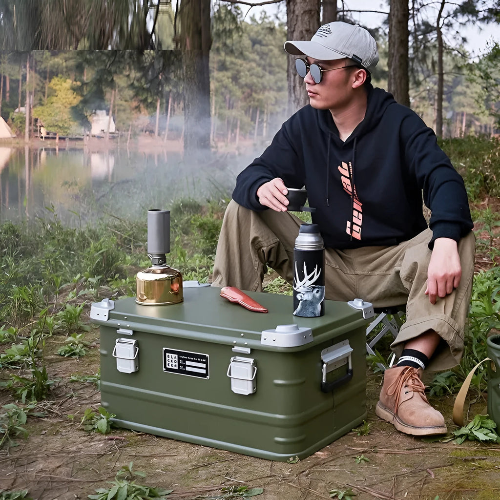 Field green aluminium alloy storage box for camping equipment with 58cm dimensions