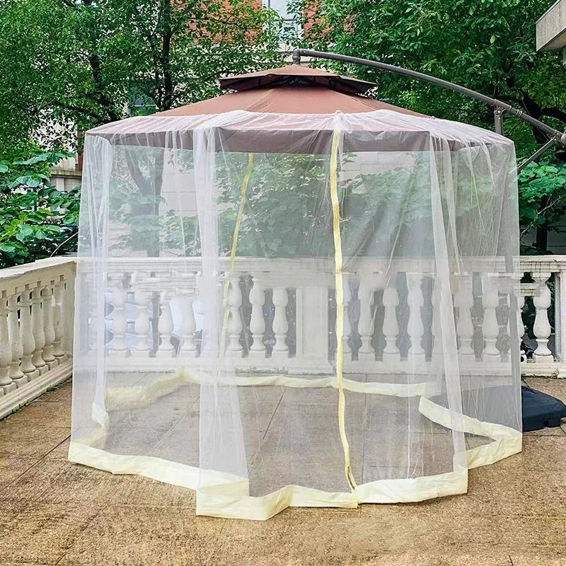Large outdoor mosquito umbrella tent providing sunshade and insect net protection in a garden setting.
