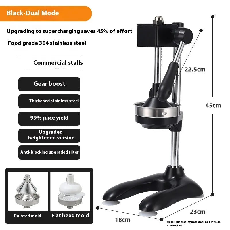 Stainless steel vertical manual juicer with multiple juicing head options in modern colours