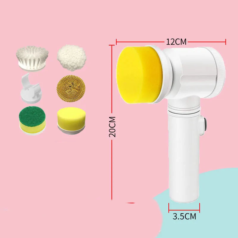 Rechargeable electric kitchen scrubber brush with multiple replaceable brush heads for cleaning stoves and range hoods