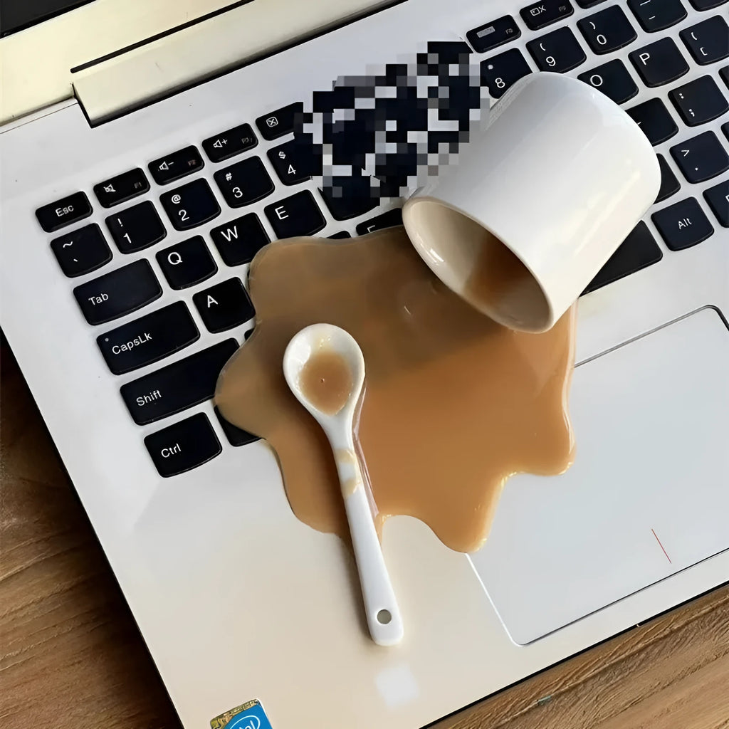 Overturned coffee decoration toy phone holder in macchiato colour on desk with plastic stent