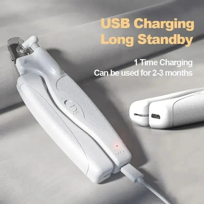 Rechargeable LED pet nail clippers with precision blades for dogs and cats, shown in blue or white
