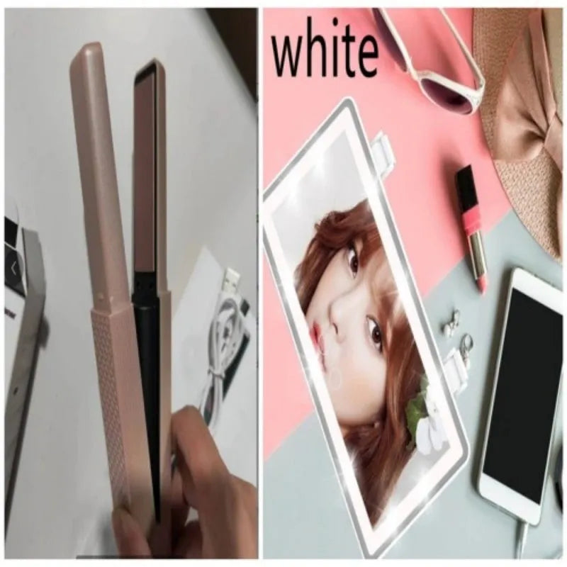Compact pink cordless USB hair straightener and curler with ceramic plates on a white background.