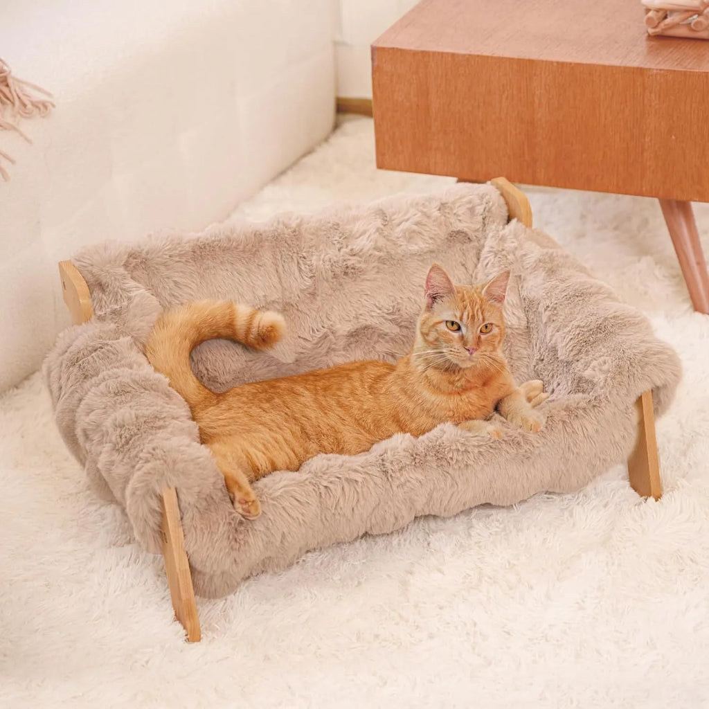 Wooden cat sofa with removable cotton cover in beige colour for small cats