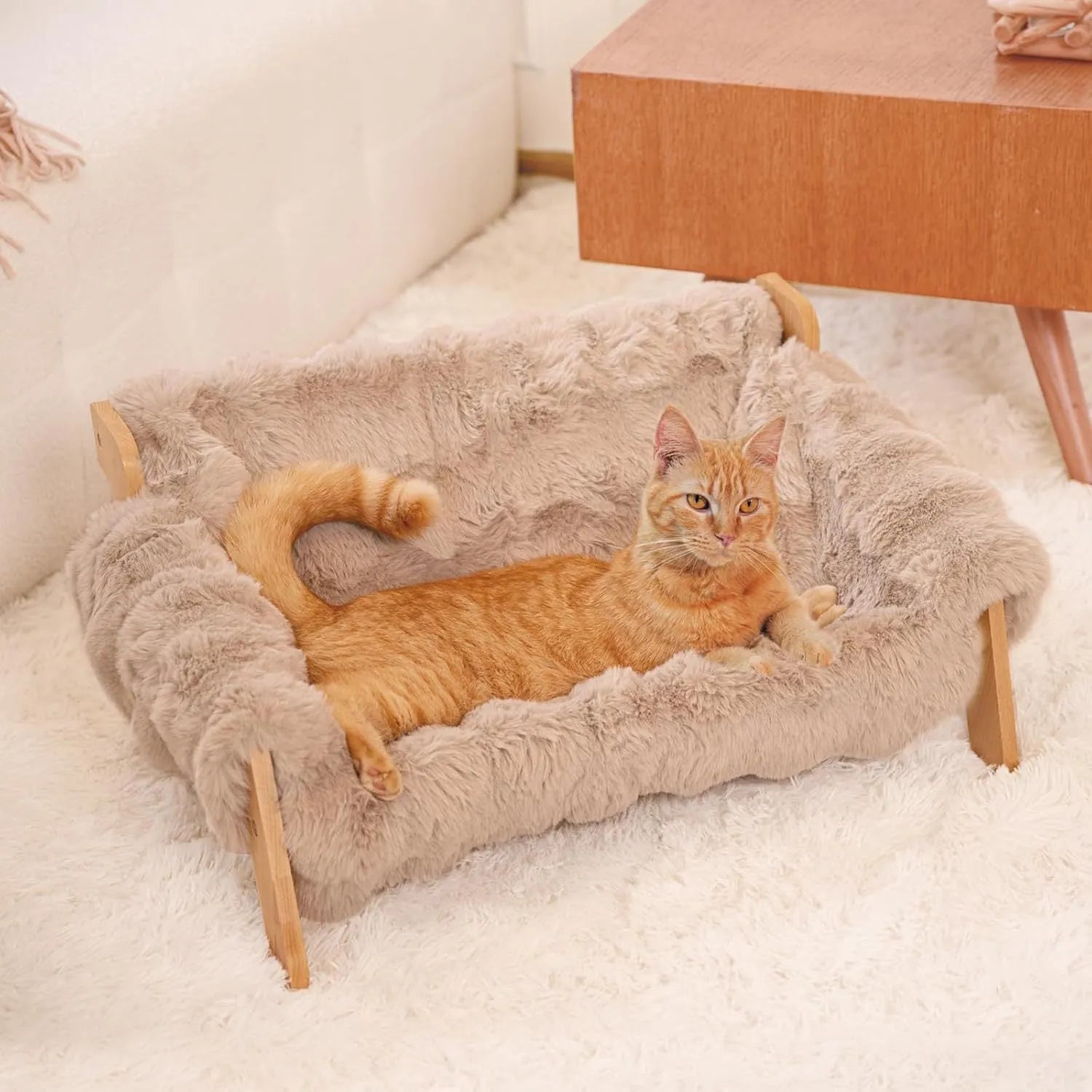 Wooden cat sofa with removable cotton cover in beige colour for small cats