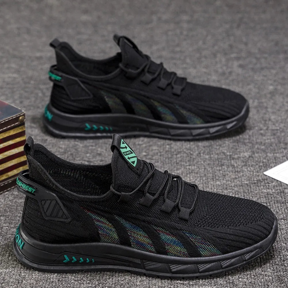 Men's low-top black mesh sneakers with stripe pattern and flat plastic sole on a white background.