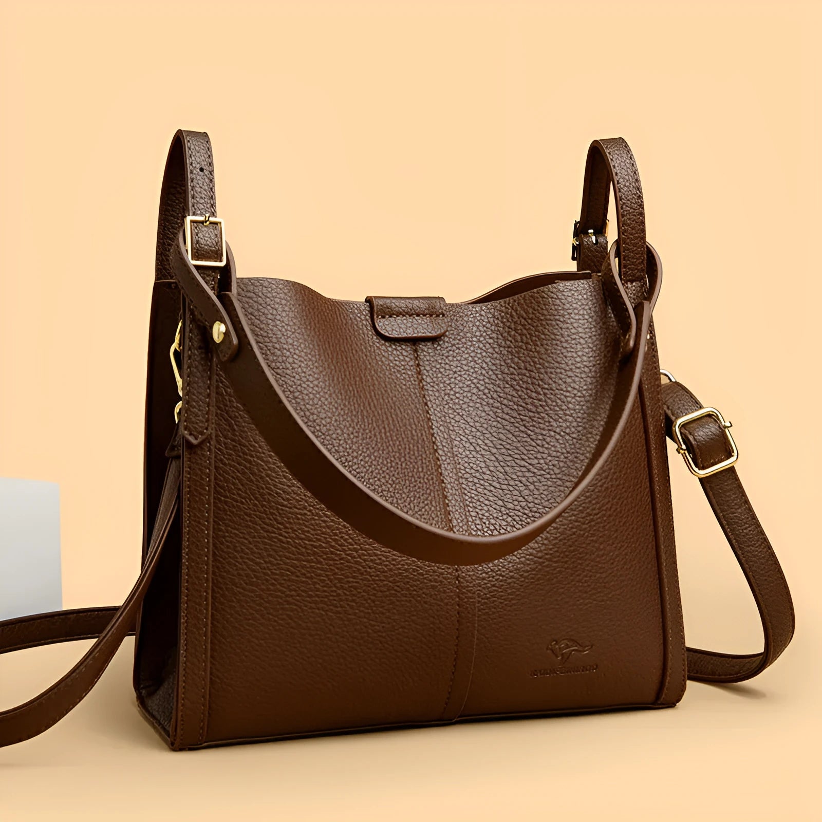 Brown PU women's shoulder bag with single strap and multiple interior compartments