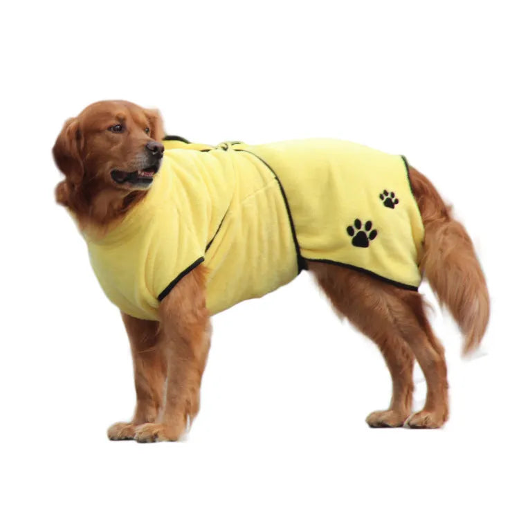 Yellow coral fleece pet pajamas with embroidered bathrobe design on a light background
