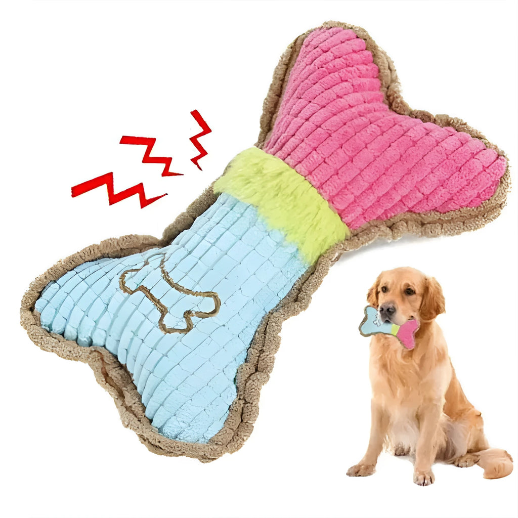Three plush dog squeaky toys in assorted colours arranged together, showing 17cm size and soft fabric texture.