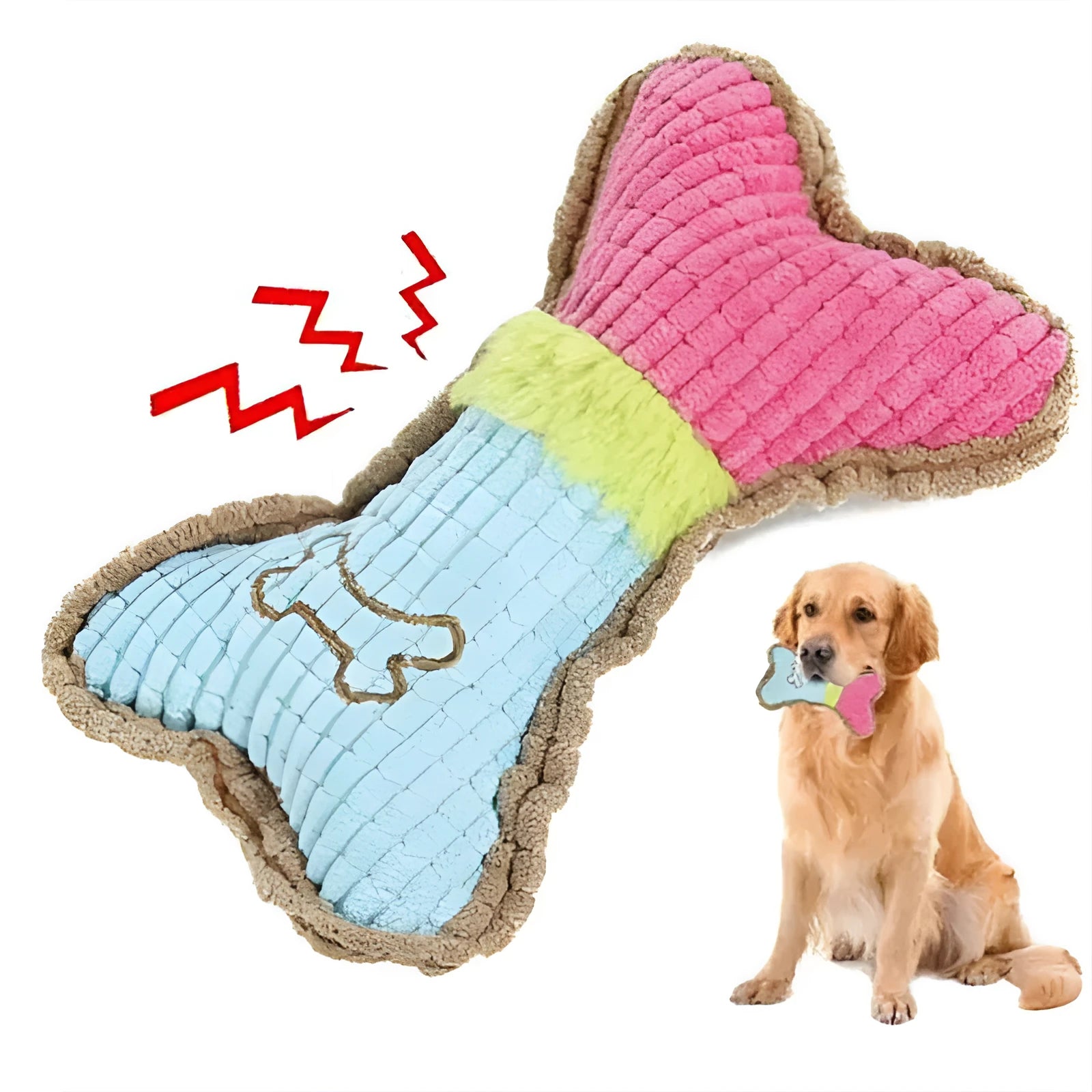 Three plush dog squeaky toys in assorted colours arranged together, showing 17cm size and soft fabric texture.