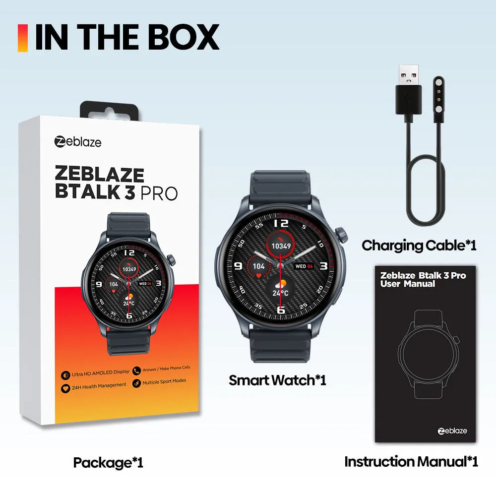 Btalk 3 Pro smart watch in blue, gray and pink colours showing AMOLED display with health metrics