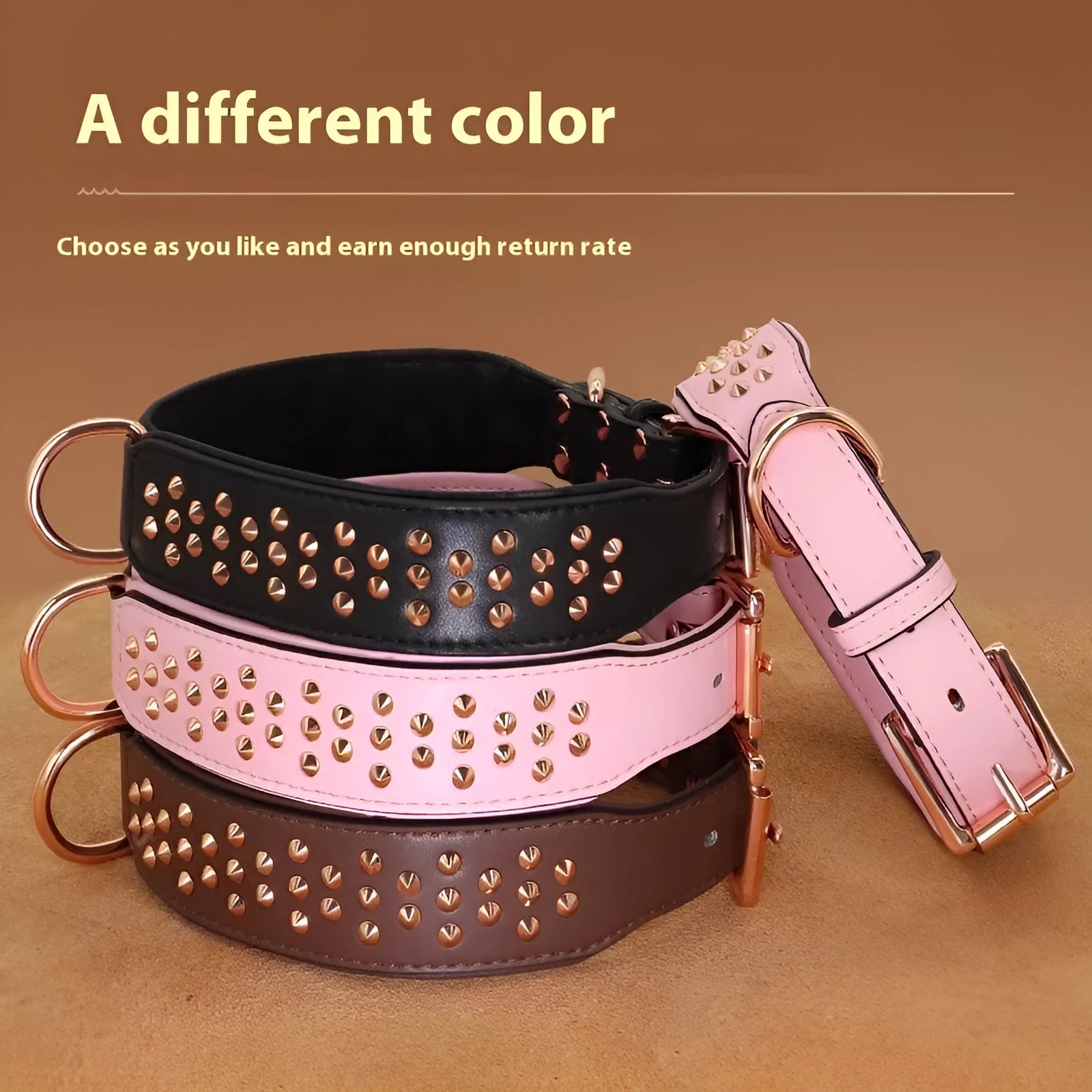 Leather dog collar with metal rivets in black, chocolate brown, or pink colour