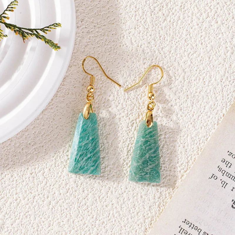 Amazonite rough stone trapezoid earrings in gold or silver with geometric octagon and quadrangle pastoral design.
