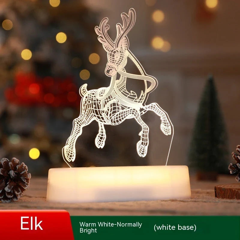 Festive 3D acrylic LED Christmas night lights in various holiday-themed designs, including Christmas trees, elks, and Christmas dwarfs.