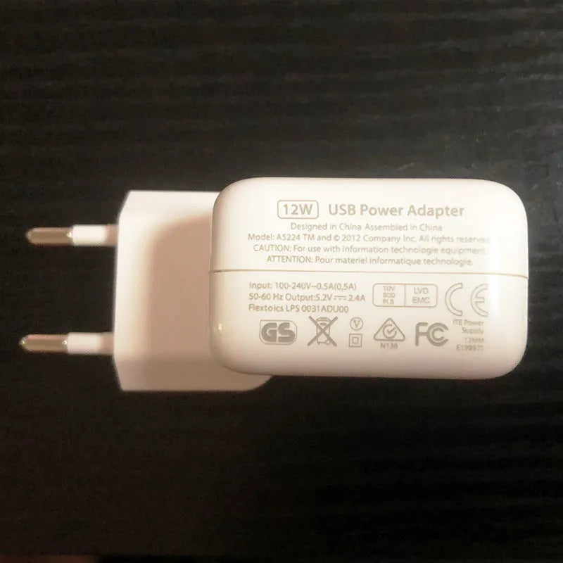 Apple-compatible iPad charger showing USB port with 10W/12W and US/EU plug options