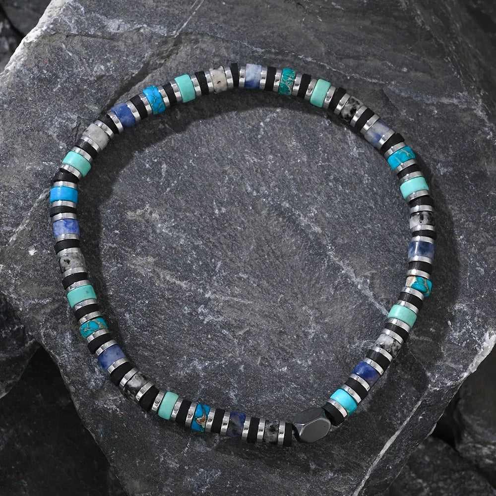 Bohemian hand-woven bracelet with cylindrical semi-precious stones