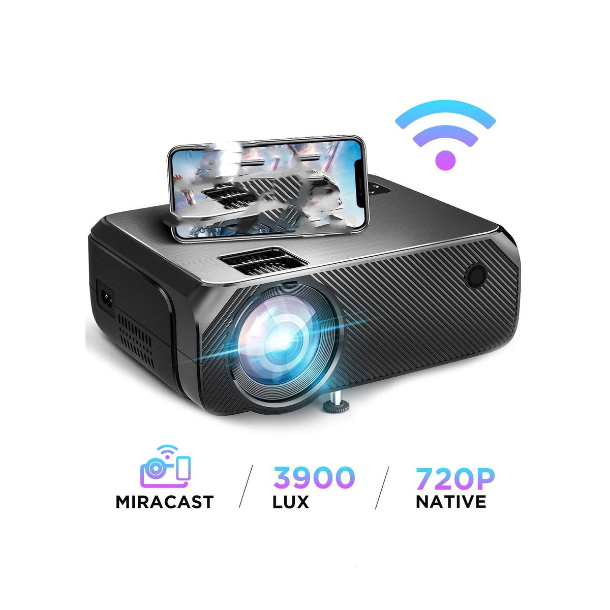 Black home projector with glass lens, 720p resolution, 3900 lumens brightness, 50-230 inch screen, UK plug