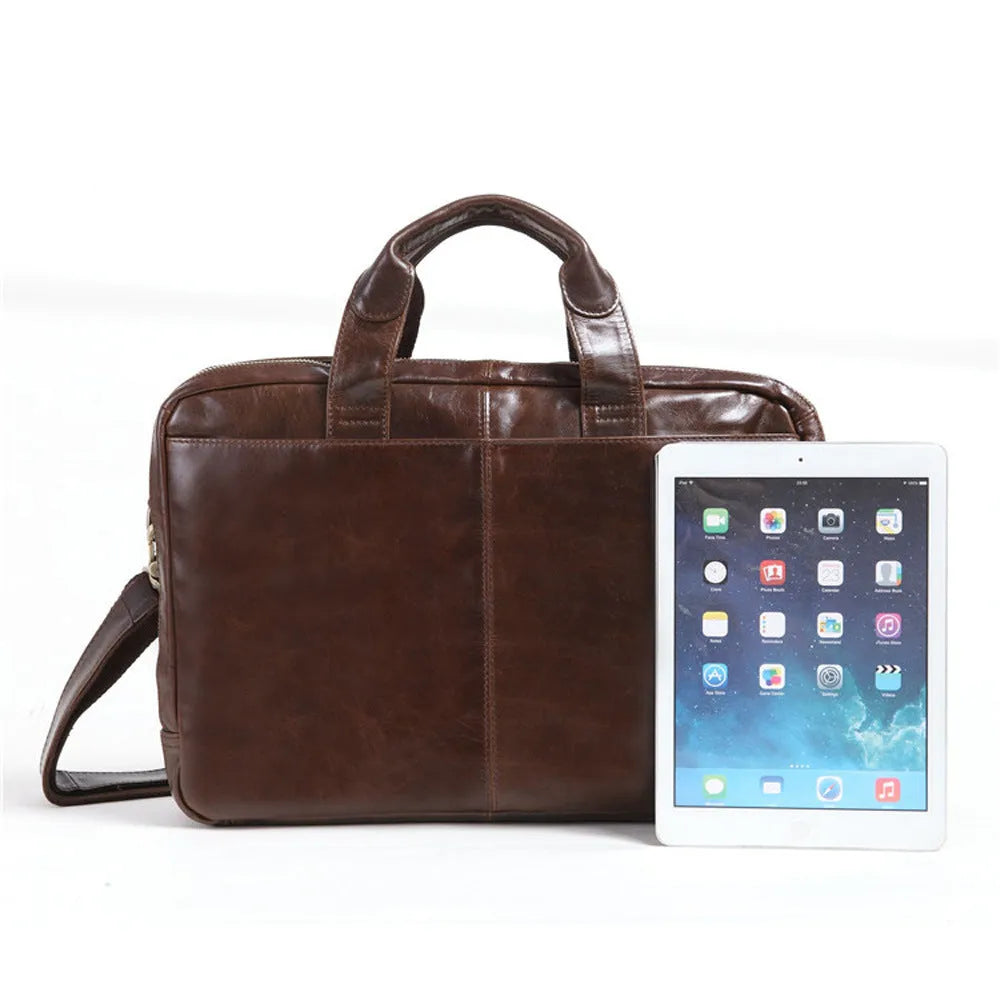 Brown leather business briefcase with 18-inch size and polyester cotton lining