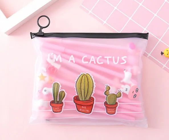 20 black 0.5mm gel pens in Marvel cartoon cactus character plastic case measuring 21 by 17cm