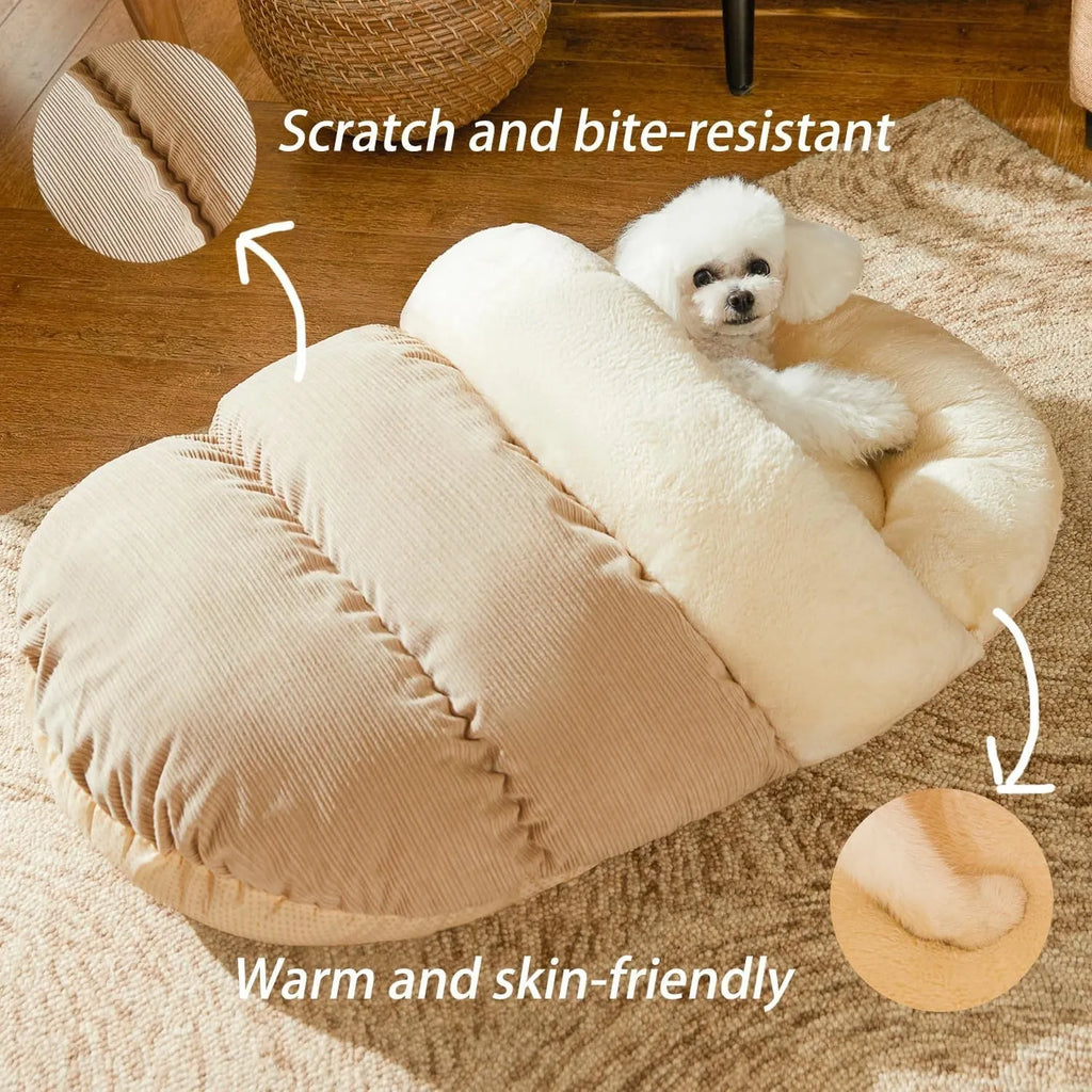 Plush slipper-shaped cat cave bed with corduroy exterior and Arctic velvet lining