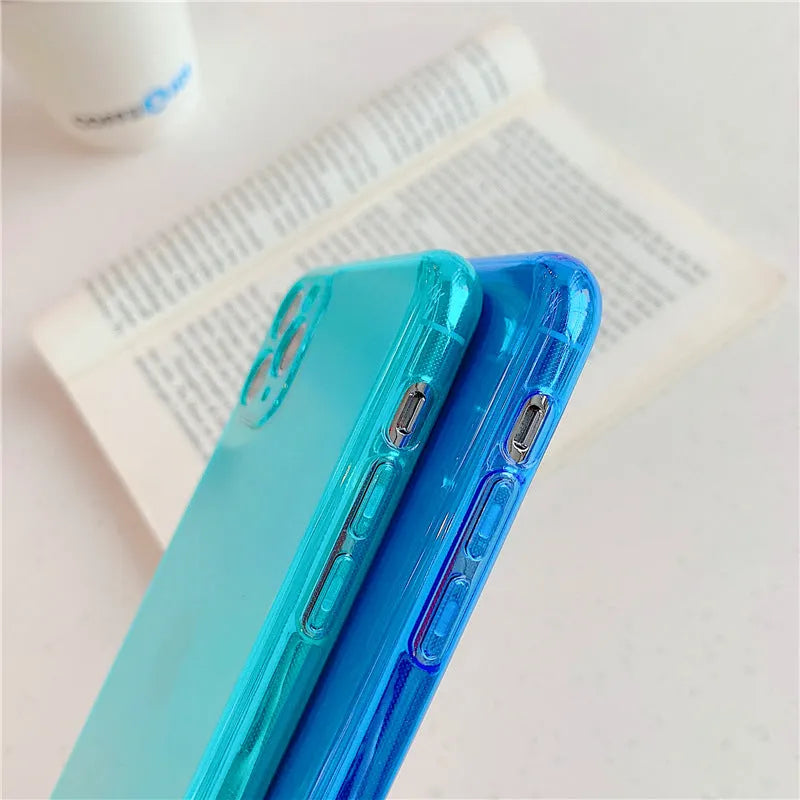 Transparent fluorescent TPU phone case for Apple iPhone 13 14 15, back cover in dark blue orange purple yellow rose light purple.