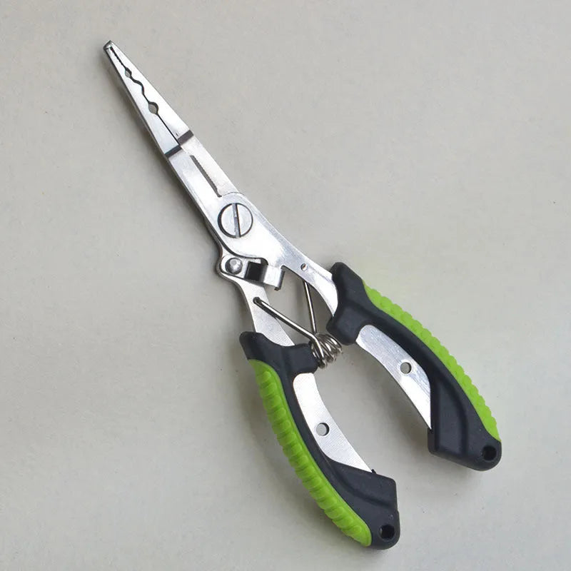 Straight mouth fishing pliers with hook tool, red ABS plastic handle, on a nylon bag with strap.