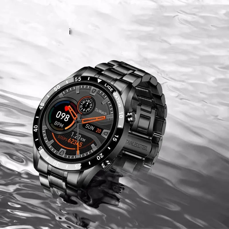 Smart watch with 1.3-inch touch screen, stainless steel wristband in black or silver, 46mm dial, 22mm strap width, 26cm strap length.