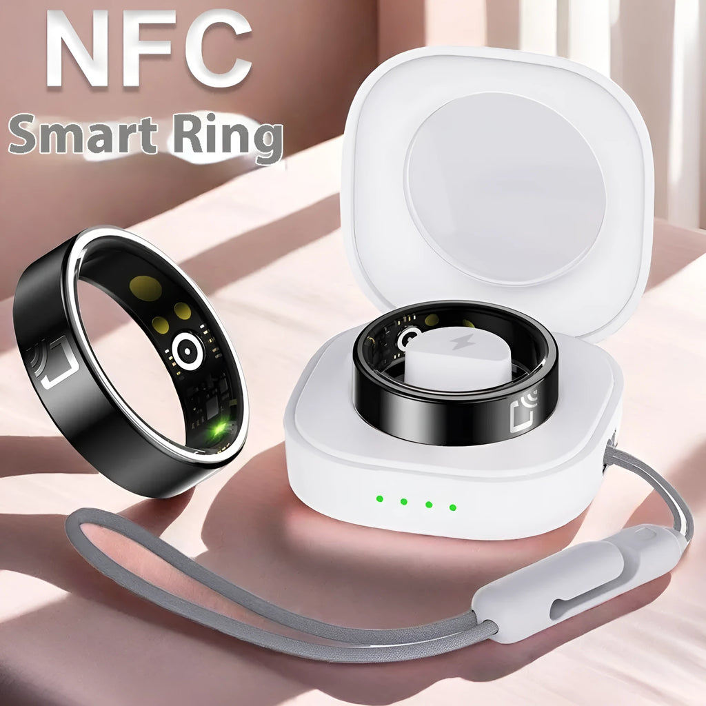 Black ceramic smart ring for health monitoring on a finger, showing a charging case accessory.