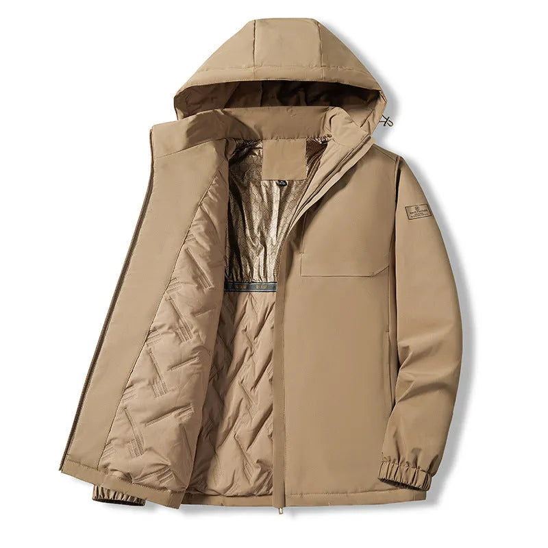 Outdoor waterproof jacket in camel colour with temperature sensing technology for autumn and winter wear