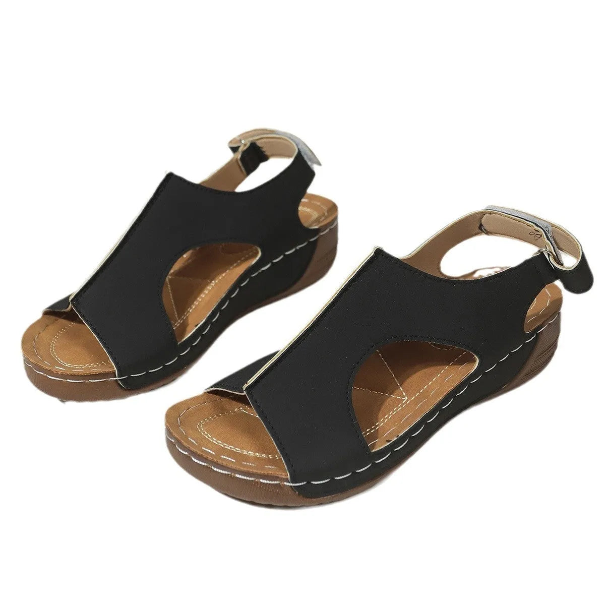 Women's plus size wedge sandals with Velcro fastening, PU upper, round toe, sizes 36-43