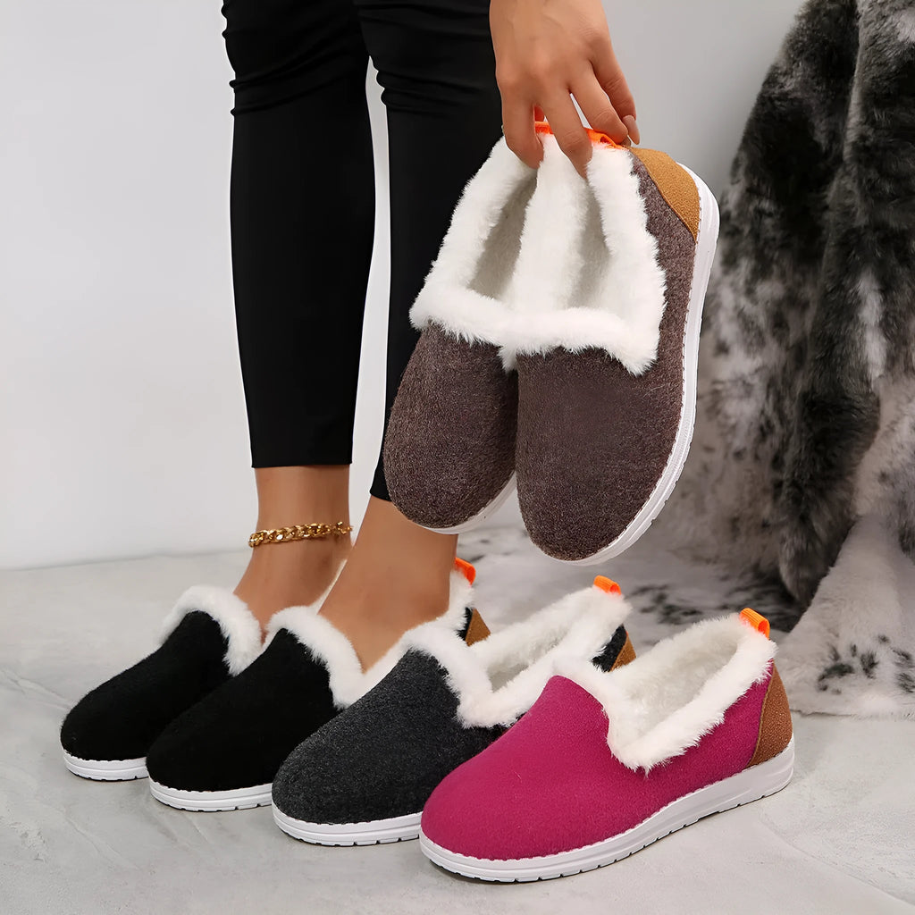 Women's Korean style thick soled low top suede slip on loafers with warm plush lining in rose red
