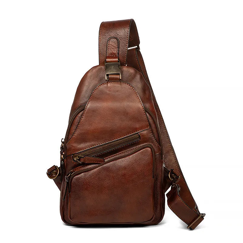 Men's genuine leather retro hand-rubbed crossbody messenger bag 8 inch large capacity black colour