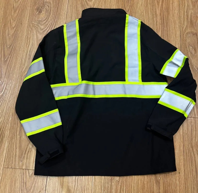 Black soft shell waterproof night reflective work coat with polyester fabric and medium length
