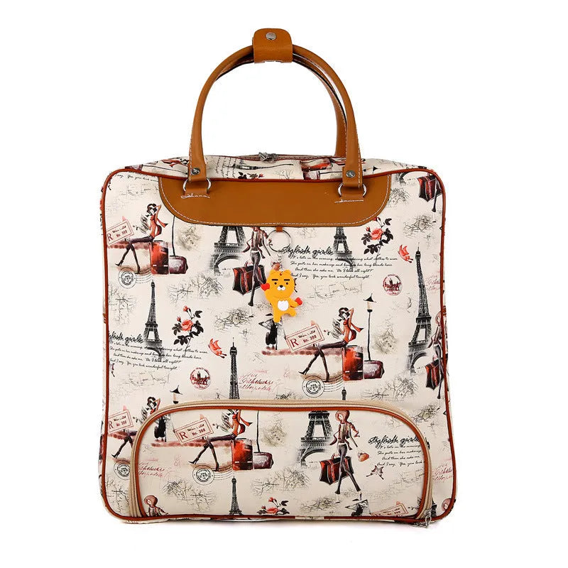 Medium square vertical travel handbag in PU leather with three-dimensional pockets and a soft handle.