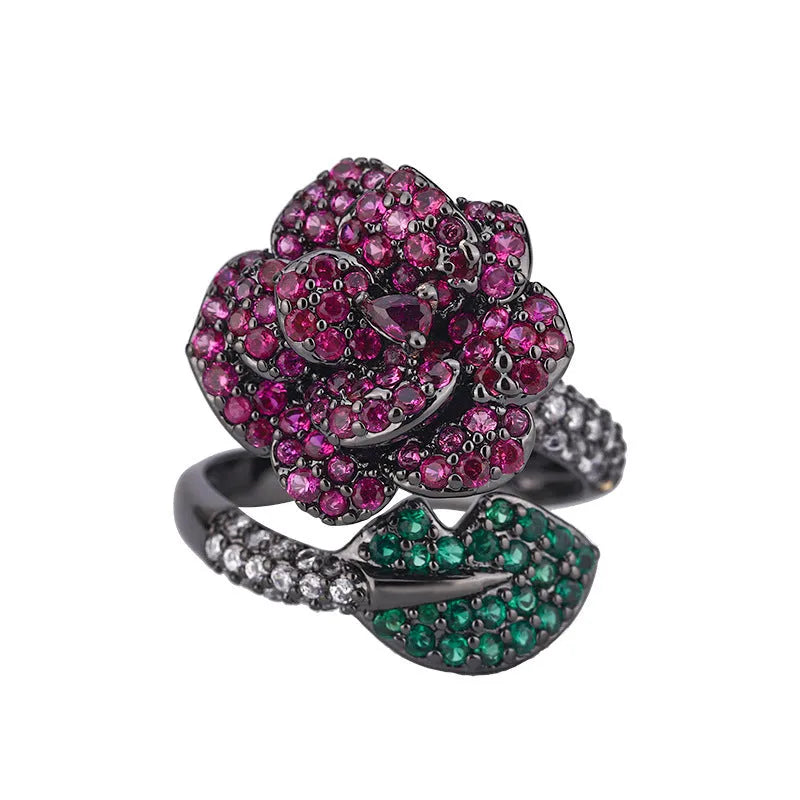 Black gold geometric flower ring with simulated red corundum stone on copper band