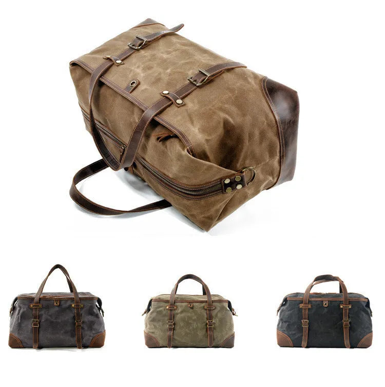 Men's canvas outdoor gym bag with waterproof oil wax leather trim in khaki colour