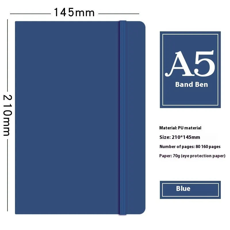 A5 faux leather notebook in blue with strap and pen insert, 200 pages, lying flat