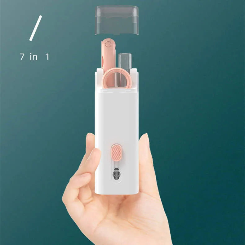 Multifunction electronics cleaning kit with foldable pen, spray bottle, brush, and keycap puller on a white background.