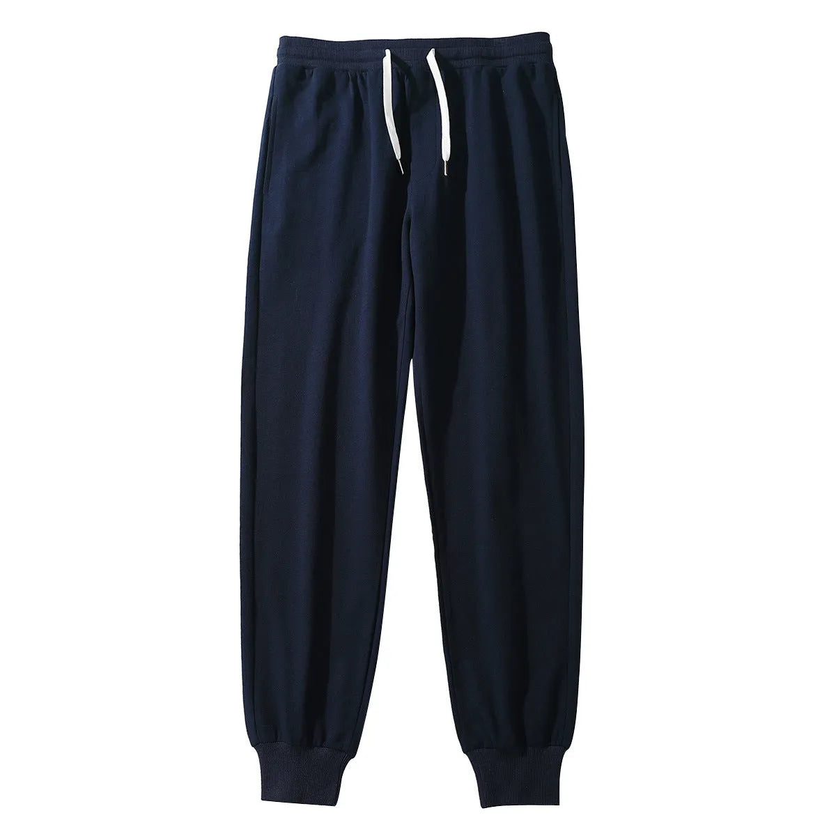 Men's cotton sports casual trousers, loose pencil cut with drawstring mid waist, shown in a solid colour option
