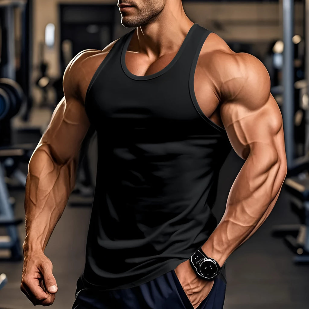 Men's black quick-dry polyester sports fitness vest with slim fit and straight hem on a model